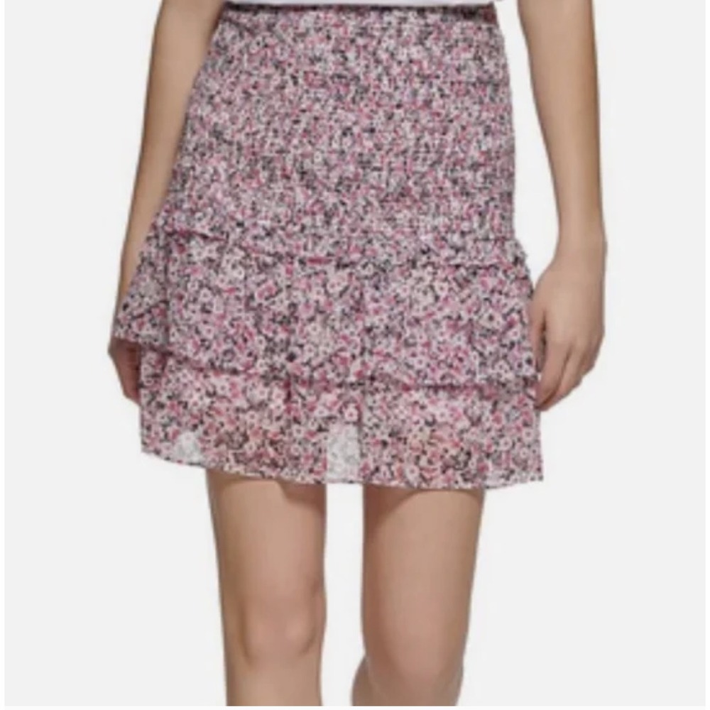 Karl Lagerfeld Paris Women's Tiered Mini Skirt XL Purple Floral Chiffon Smocked‎